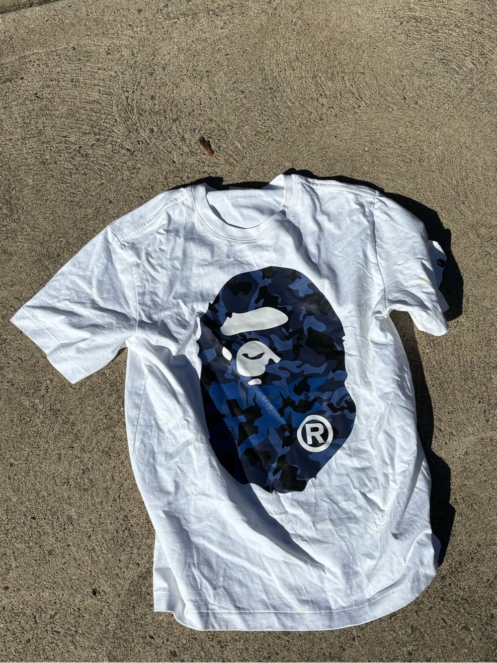 Bape White Tee with Blue Camo Ape Head Graphic